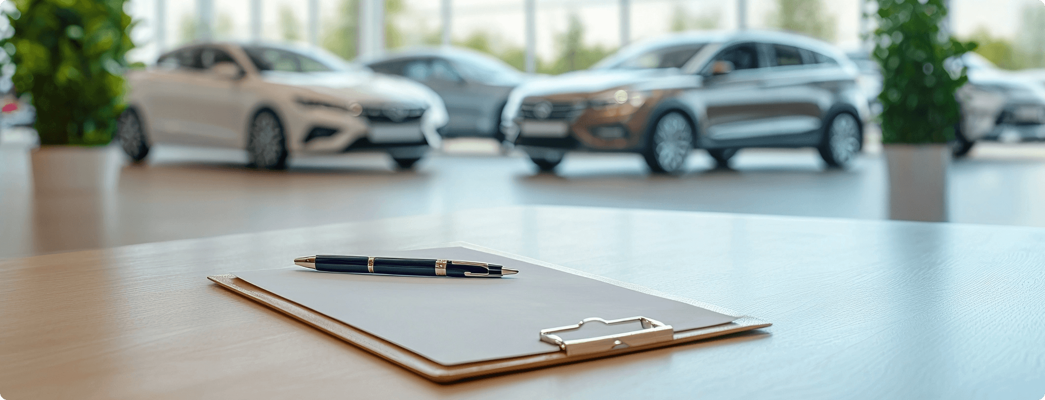 Clipboard with a pen on a desk in a bright car dealership showroom with two vehicles in the background