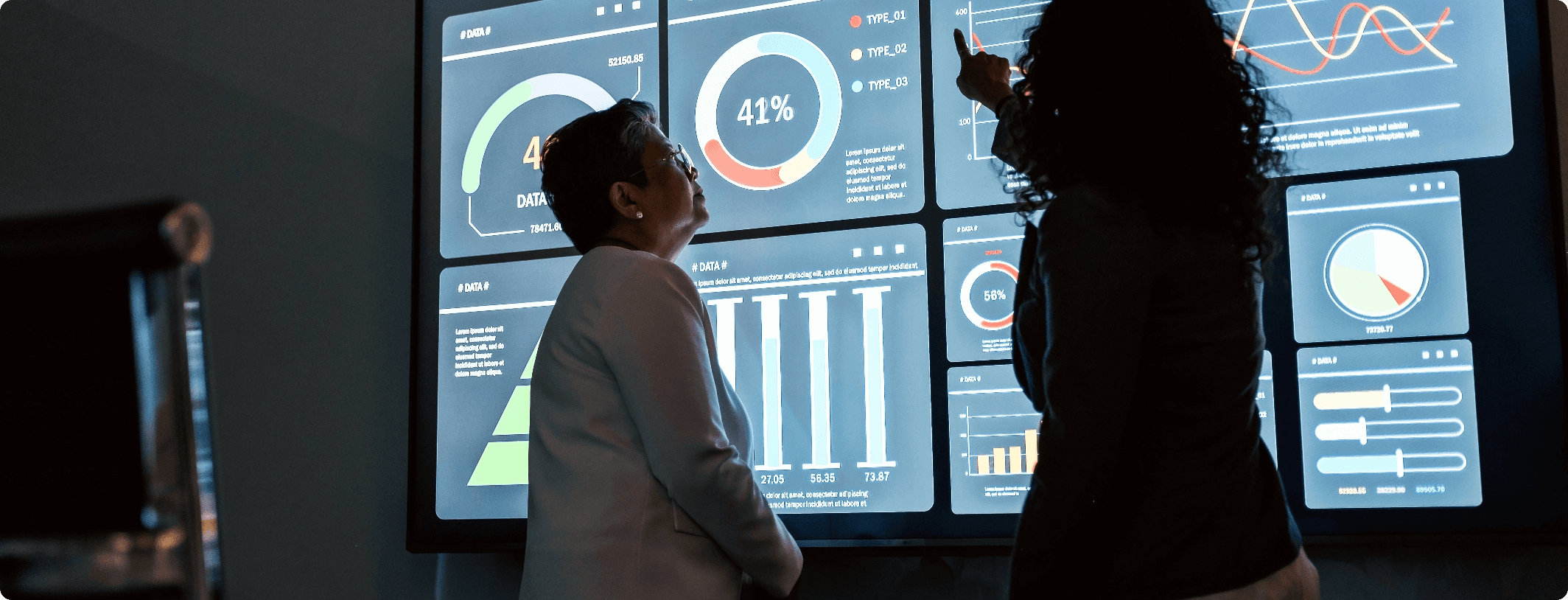 Two women reviewing a large data visualization wall displaying gauge charts, donut charts, bar graphs, and performance metrics in a dark analytics room