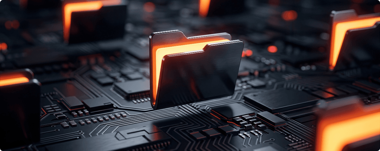 Glowing data folders on a circuit board, representing an enterprise data foundation