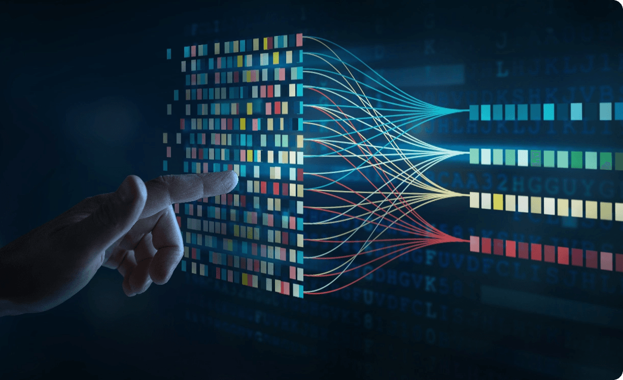 Hand pointing at a colorful holographic data grid with flowing neural network lines representing AI data processing and machine learning classification