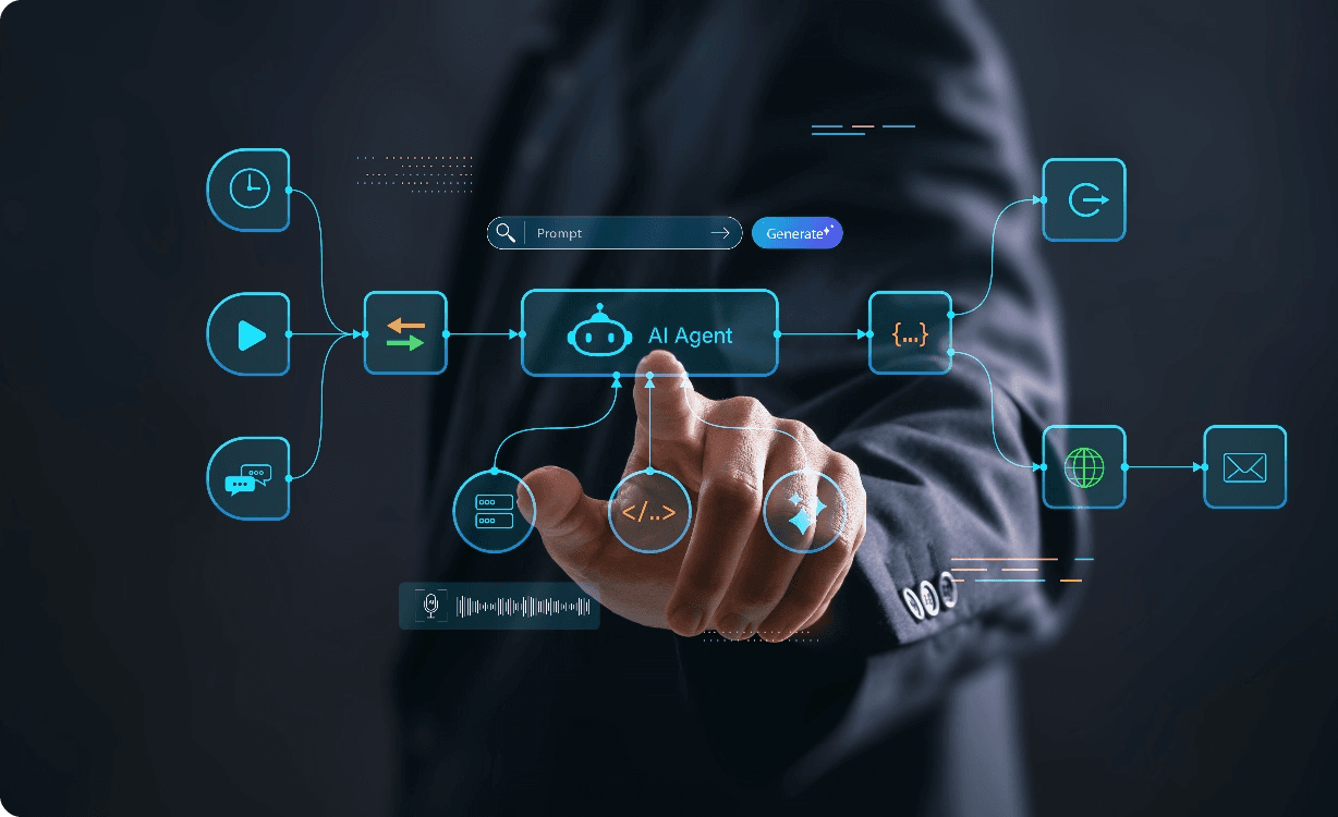 Businessman touching a holographic AI agent workflow diagram showing interconnected nodes for prompts, code execution, messaging, and automated task processing