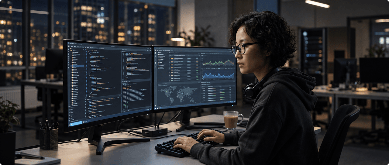 Engineer monitoring Orbit dashboards on a multi-monitor workstation