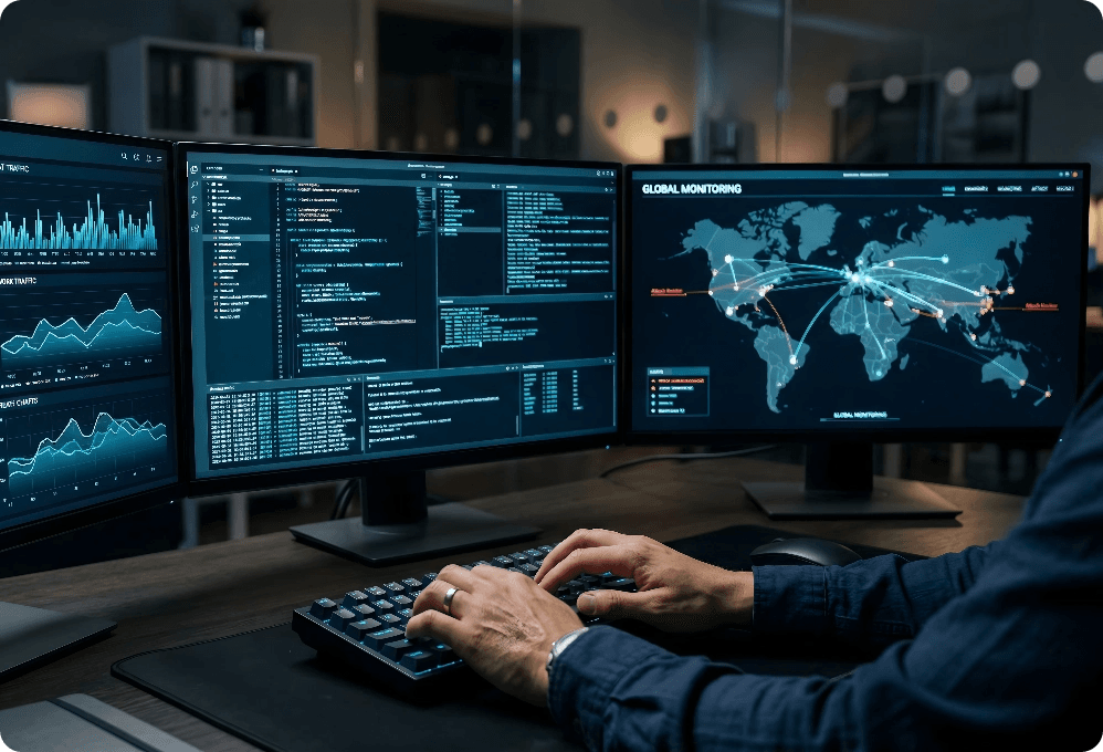person typing at computer at desk with multiple monitors