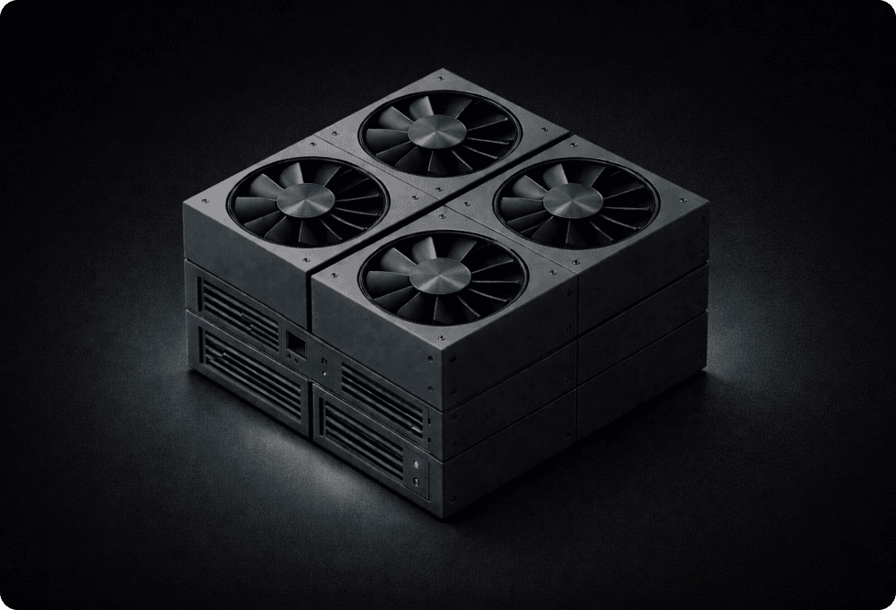 High-performance computing hardware unit with four large cooling fans on top, stacked server modules on dark background with green ambient lighting