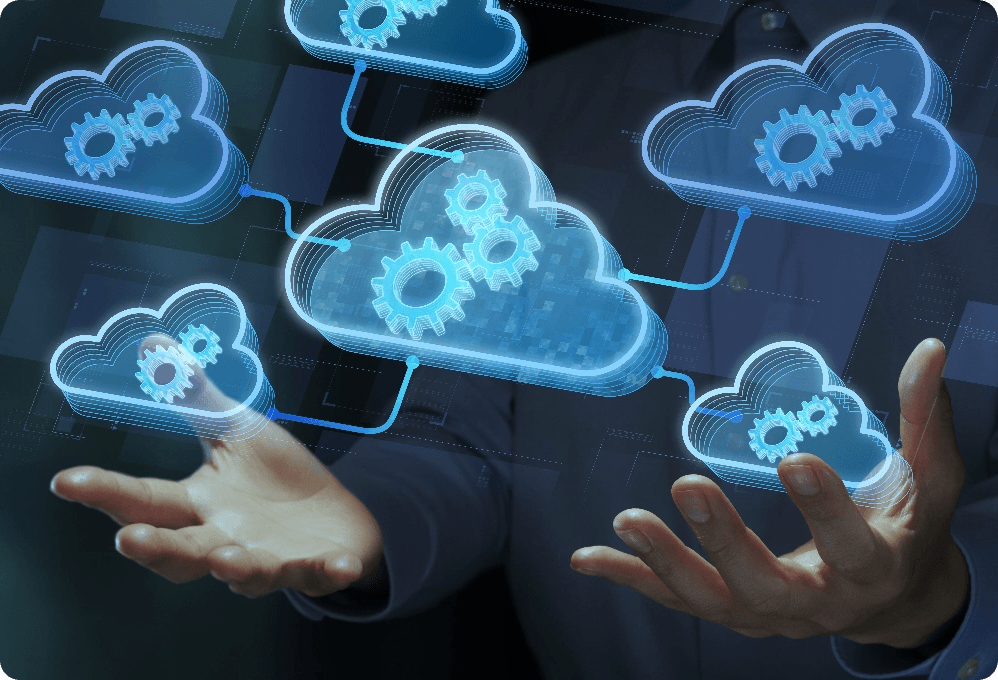 Glowing holographic cloud network with interconnected gears floating above businessman's hands representing cloud computing infrastructure