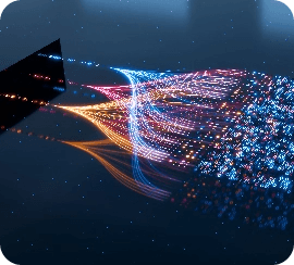 Abstract visualization of colorful data streams and light particles exploding from a dark surface, representing high-speed data transmission