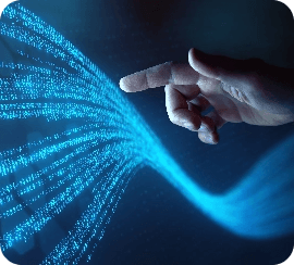 Human finger touching glowing blue digital data streams on dark background, representing human-technology interaction and digital connectivity