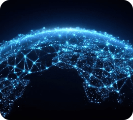 Glowing blue digital network map overlaid on Earth from space, representing global internet connectivity and worldwide data infrastructure