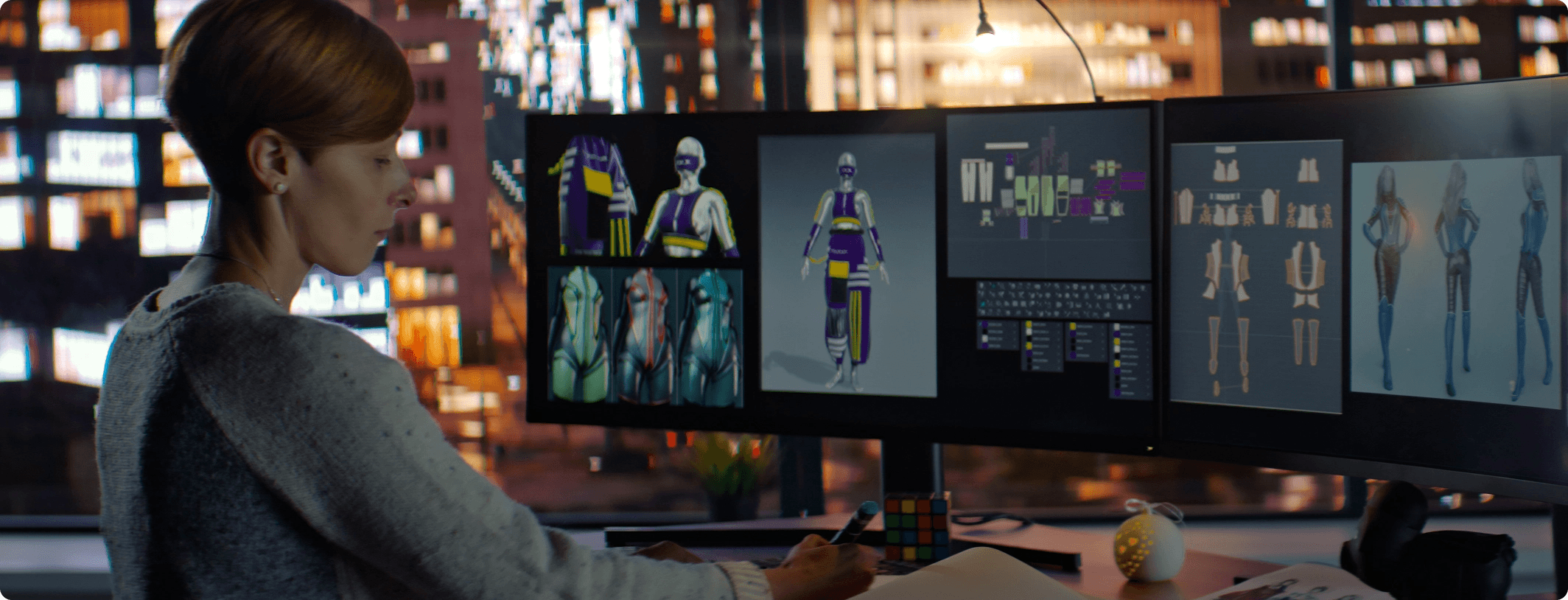 Female designer working at a multi-monitor workstation displaying 3D clothing design software with colorful garment models and pattern layouts in a dark studio