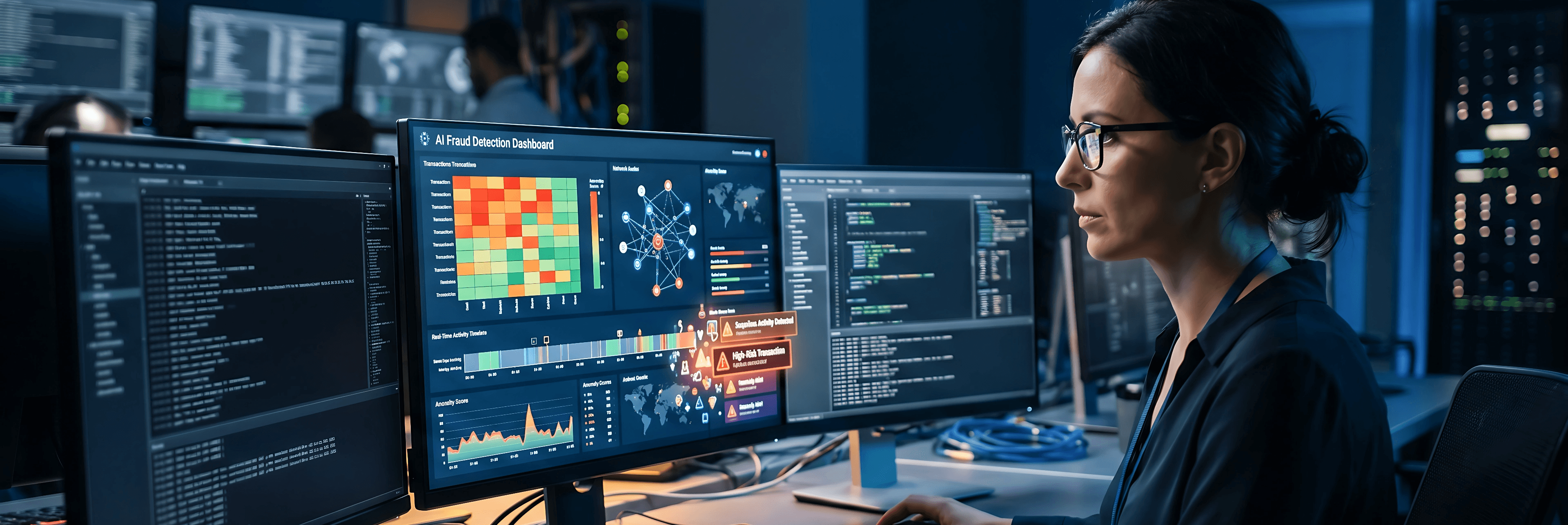 Female analyst with glasses monitoring an AI fraud detection dashboard showing transaction heatmaps, anomaly scores, network graphs, and high-risk transaction alerts across multiple screens in a dark operations center