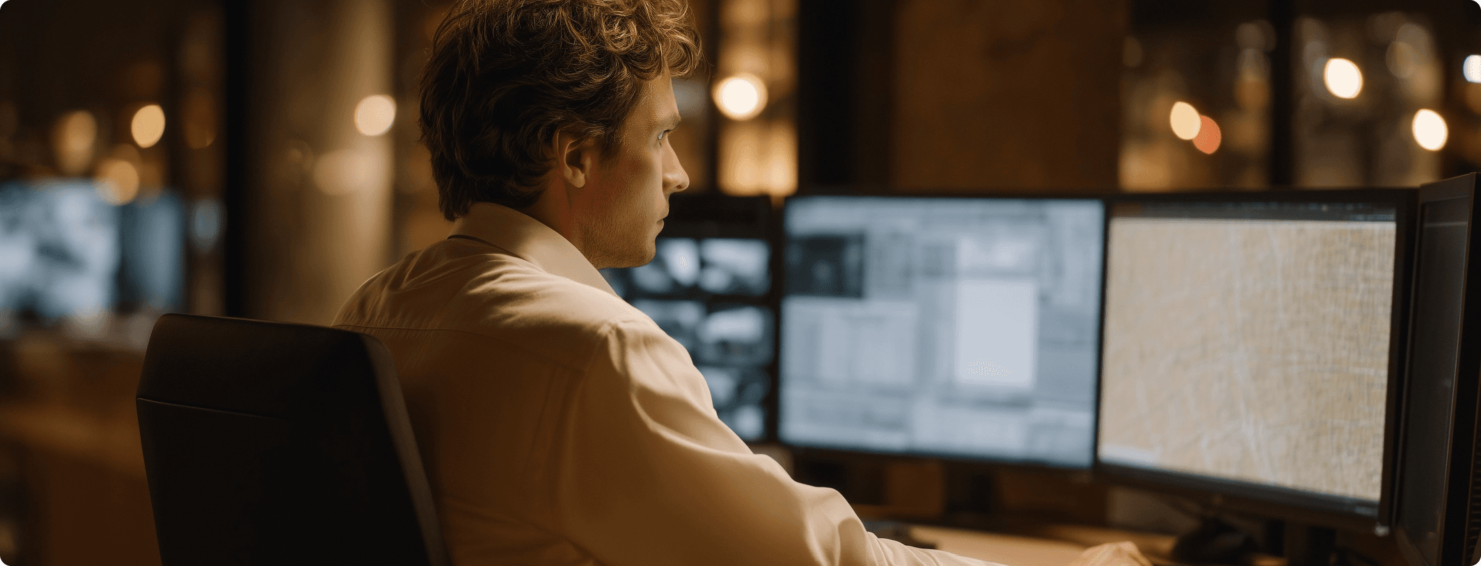 Man in a white shirt reviewing multiple monitors displaying data and surveillance feeds in a warmly lit control room