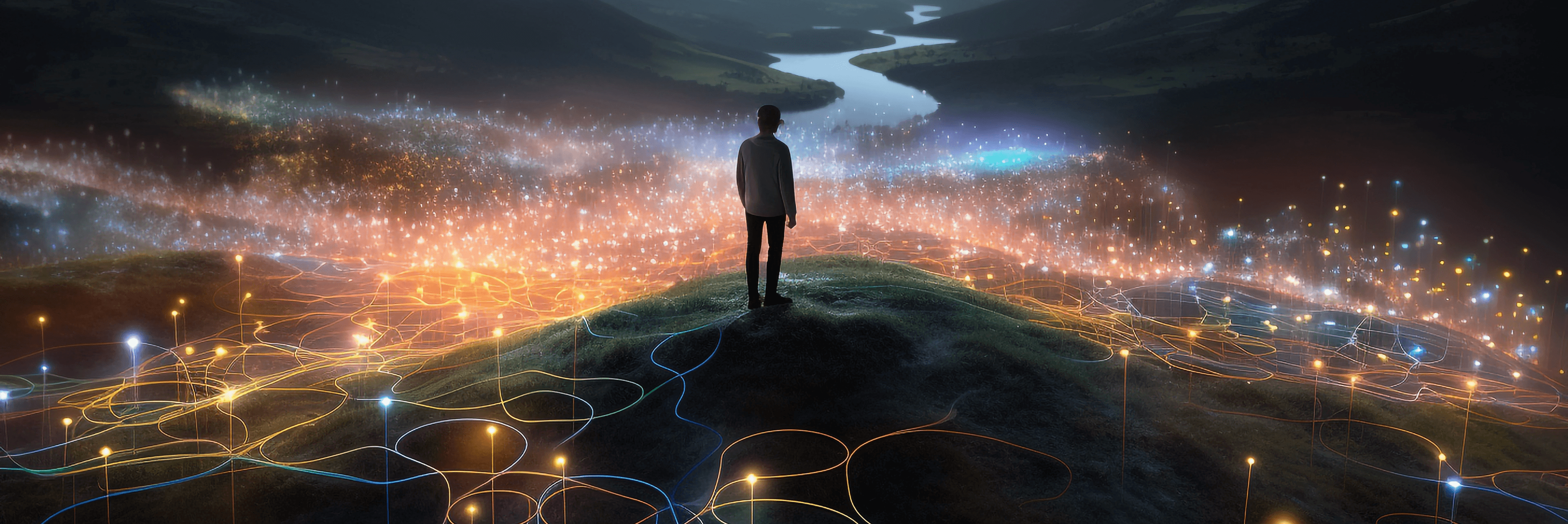 Silhouette of a person standing on a hill overlooking a vast glowing digital landscape of interconnected light nodes and data pathways at night