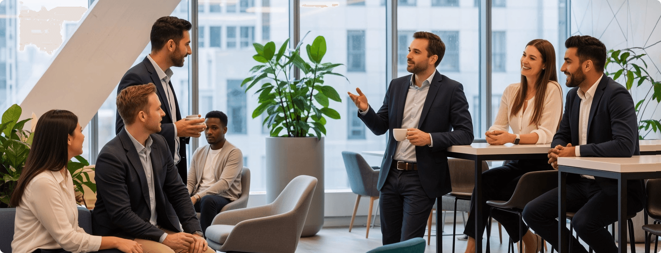 Diverse group of business professionals having an informal standing meeting in a bright modern office lounge with large windows and indoor plants