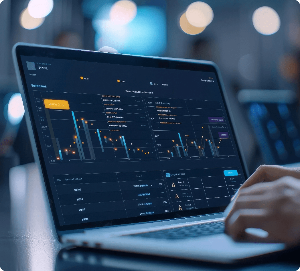 typing on laptop, analytics software on screen, charts