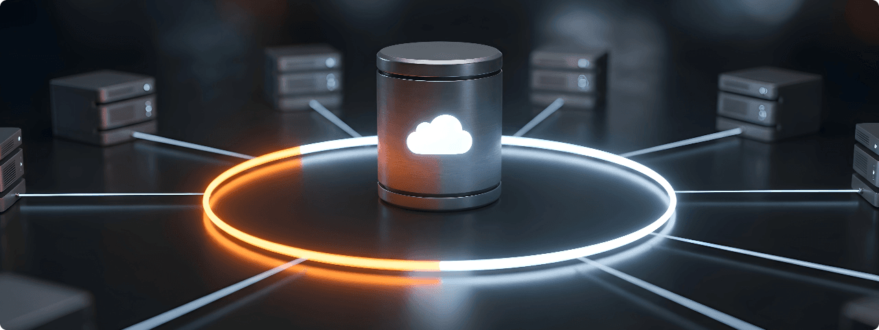 Glowing cloud storage device connected to a ring of surrounding server units