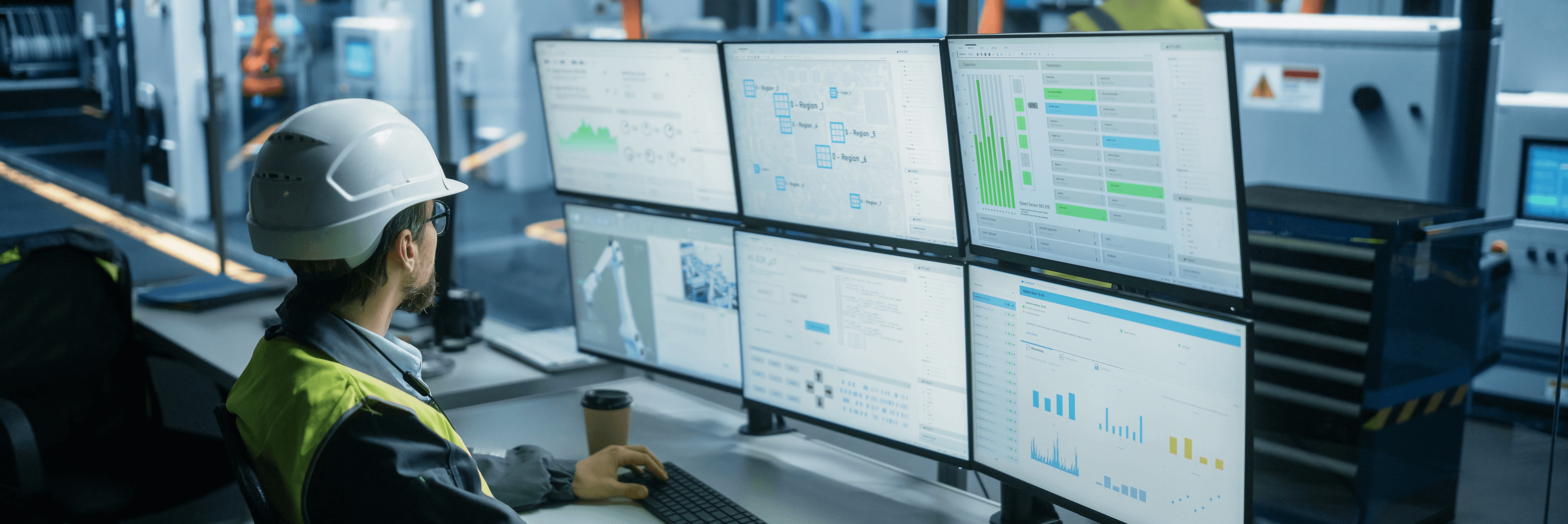 Industrial engineer in a hard hat and high-visibility vest monitoring multiple screens displaying operational dashboards, system diagrams, and analytics charts in a smart manufacturing facility
