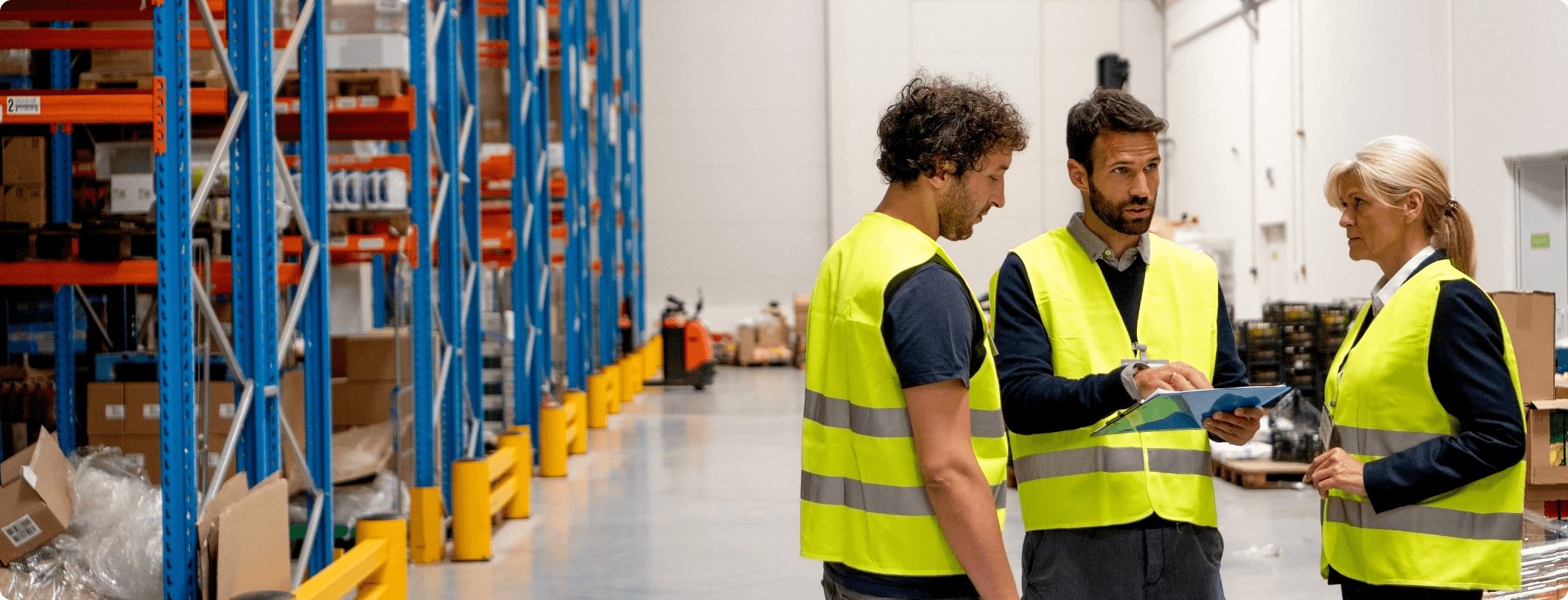 Three warehouse workers in high-visibility vests reviewing a tablet together among industrial storage shelving in a large distribution facility