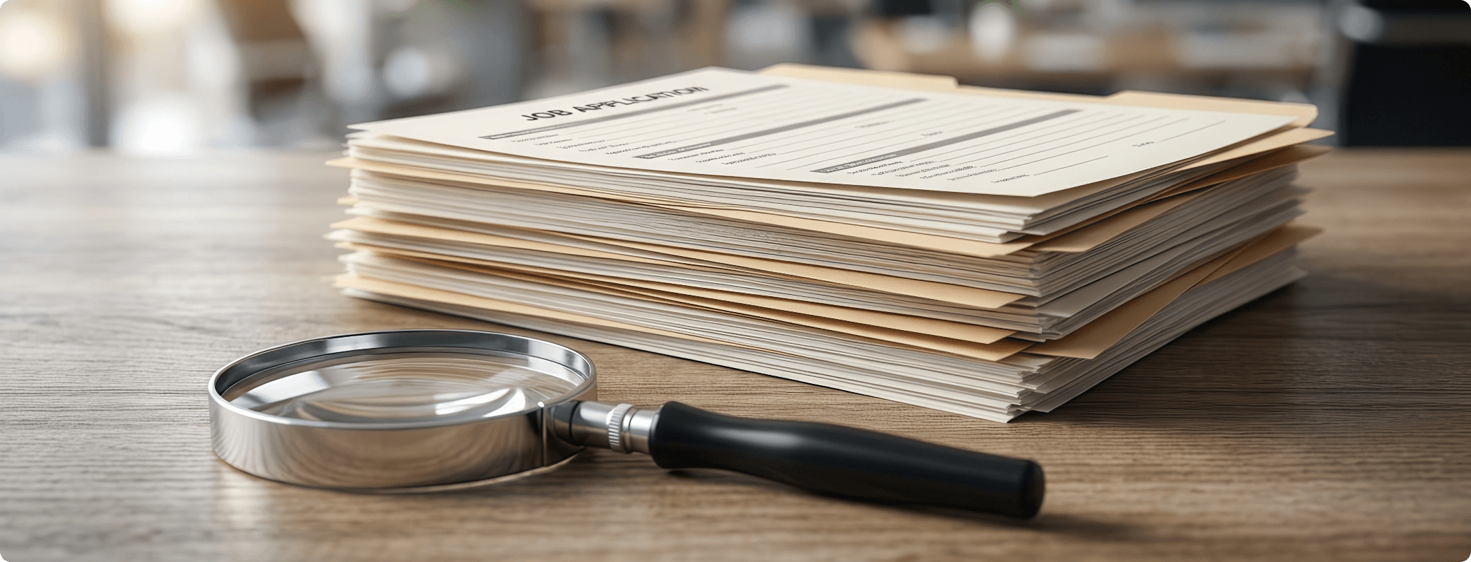 Stack of job application forms on a wooden desk beside a magnifying glass, representing the volume and complexity of the hiring process