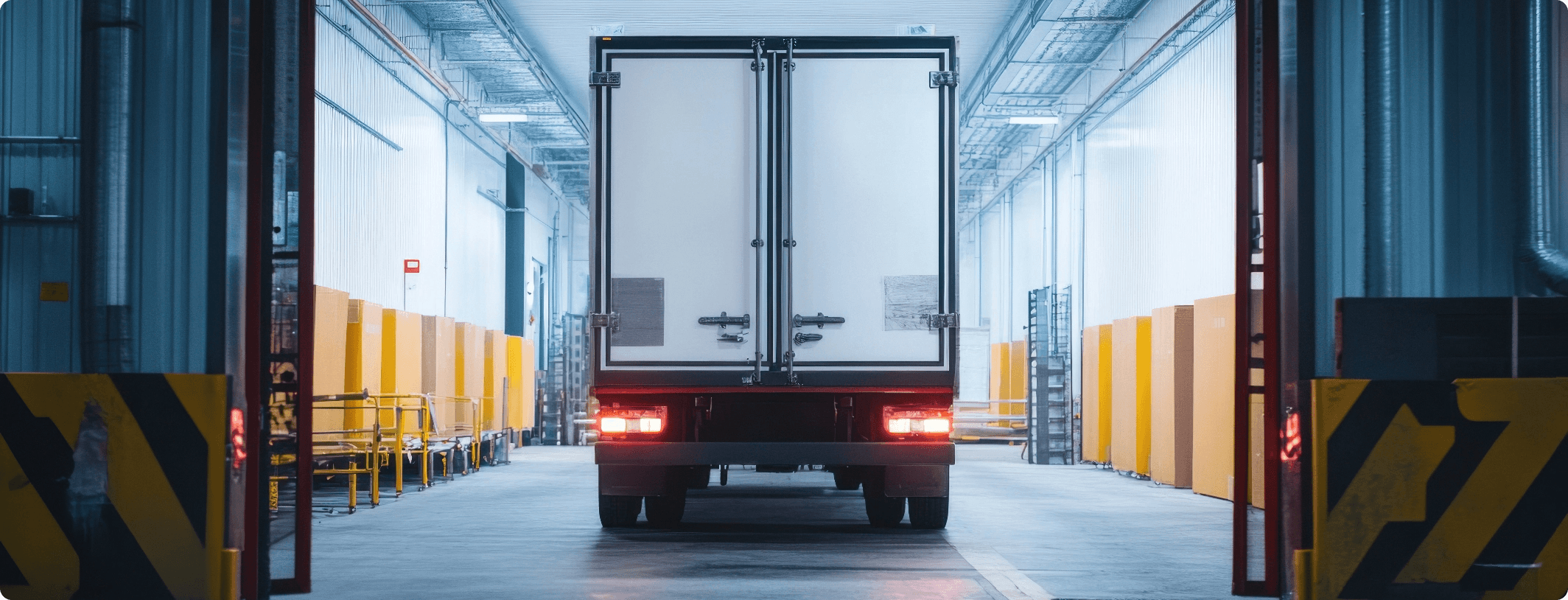 Rear view of a delivery truck reversing into a bright industrial warehouse loading bay flanked by yellow safety barriers
