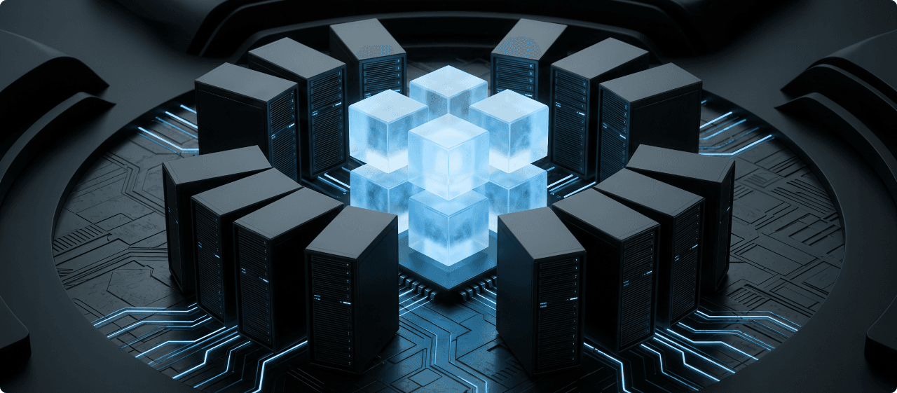 A ring of server racks encircling a cluster of glowing blue compute cubes, connected by illuminated circuit traces — the owned compute floor the fabric runs on.