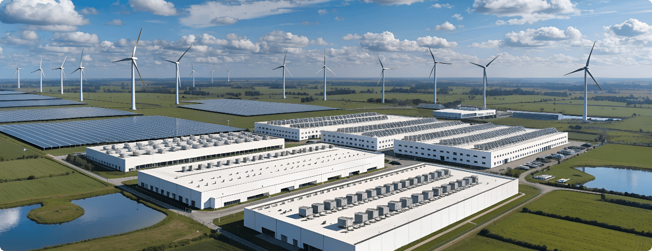 Aerial view of solar and wind farms alongside an industrial data facility