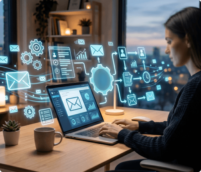 Woman working at a laptop with AI agent workflow icons overlaid, representing automated triggers and responses