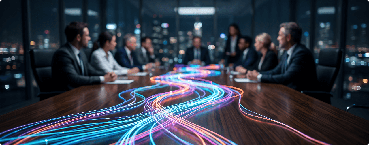Executive team in a conference room reviewing business outcomes, with streams of light representing real-time data flow