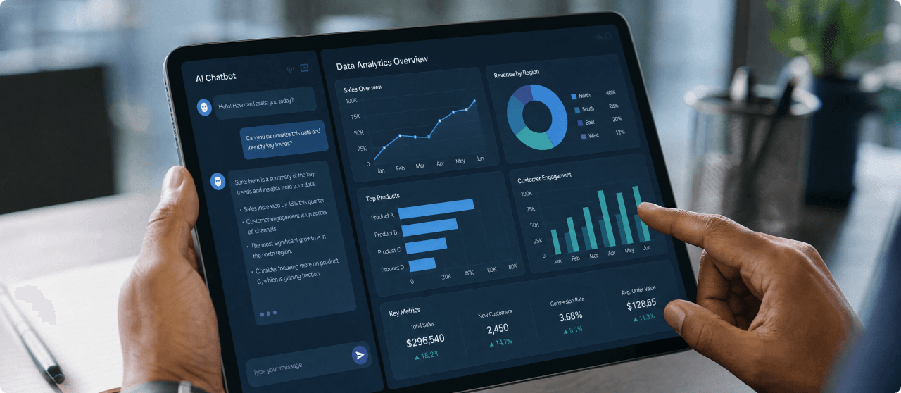 Tablet displaying a real-time streaming analytics dashboard