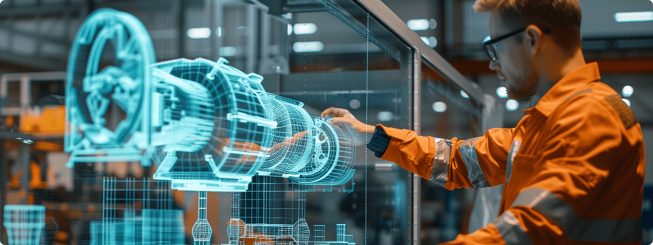 Worker interacting with a holographic digital twin of manufacturing equipment on a factory floor