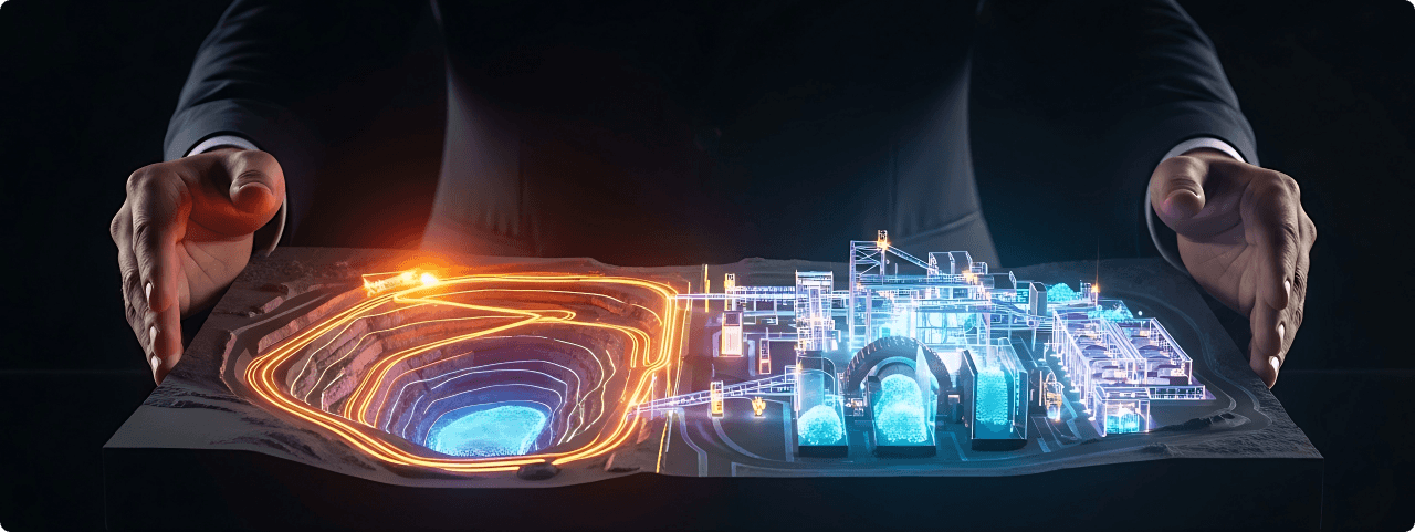 Hands presenting a holographic digital twin of a mine and processing facility
