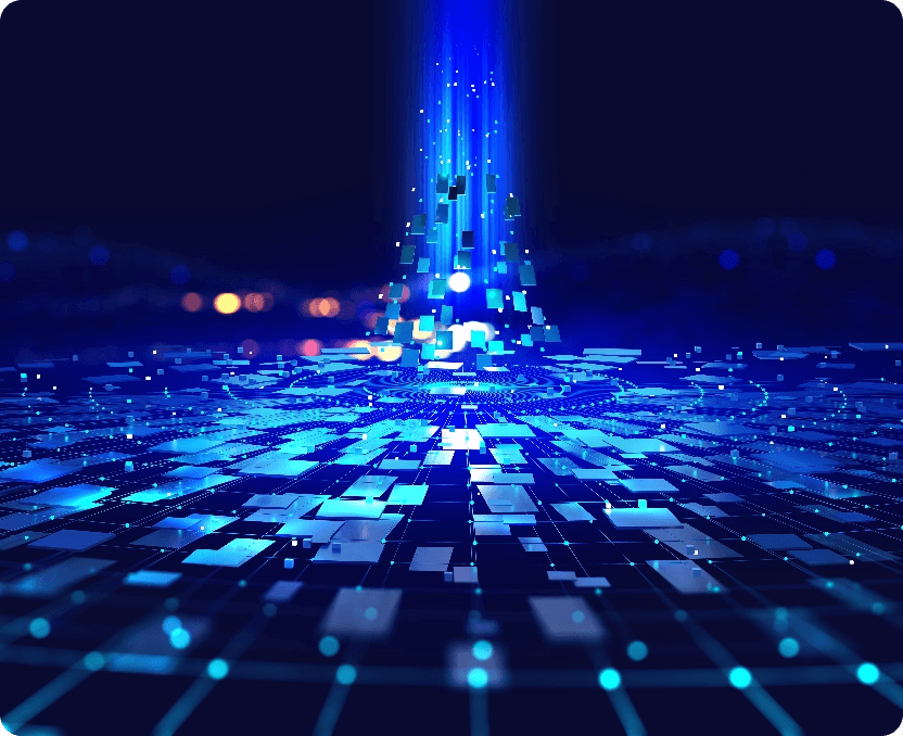 blue, illuminated CG graphic with particles and shapes. cybernetic and futuristic feel.