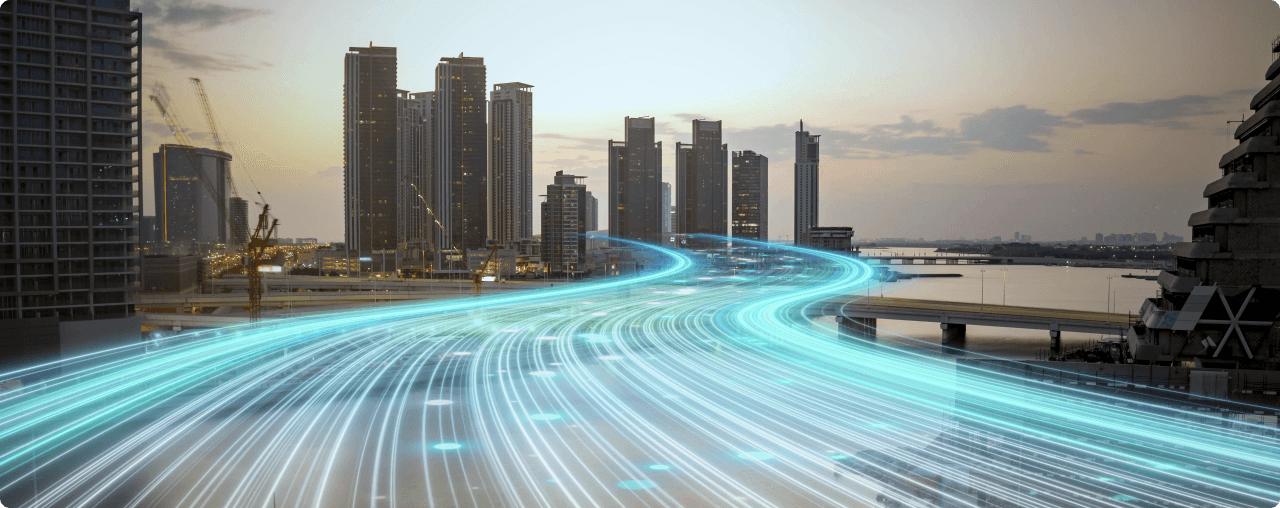City skyline with real-time data streams flowing across an operational network
