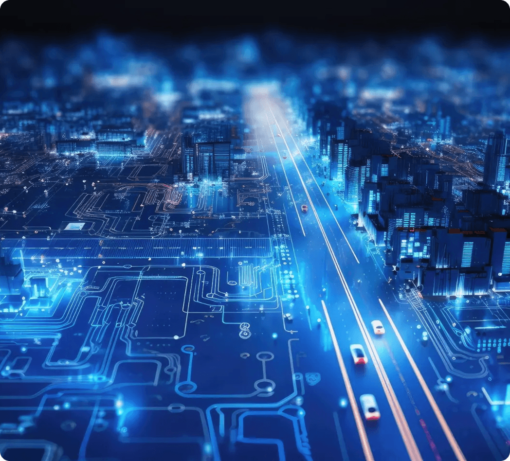 CG graphic of circuitboard with cars on it like city streets.
