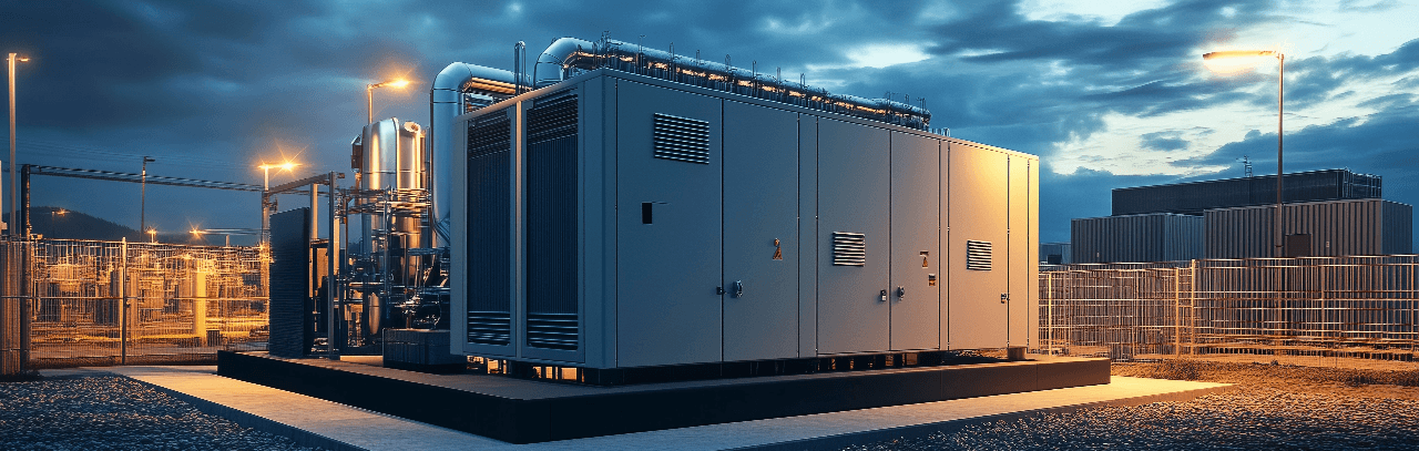 Industrial power generation facility with large equipment units and pipework illuminated at dusk