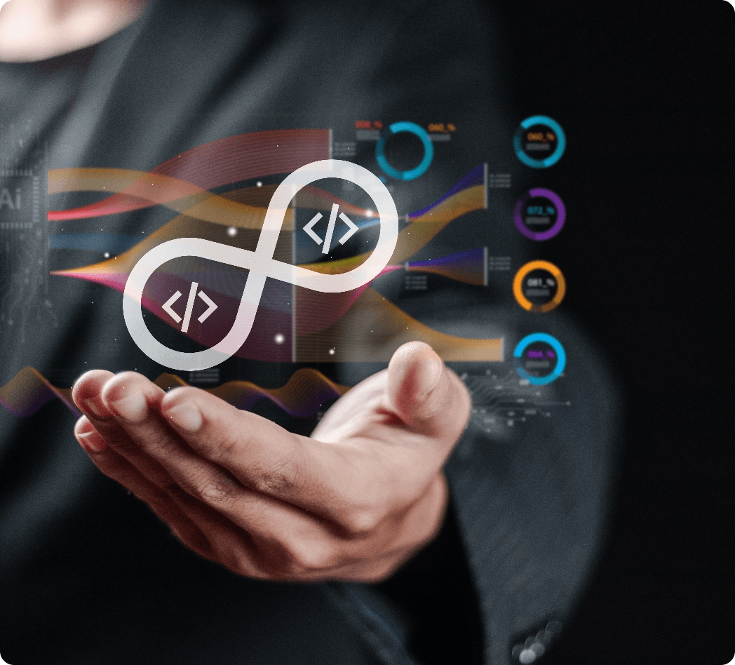 Hand outstretch facing up with overlay of metrics and code icon.