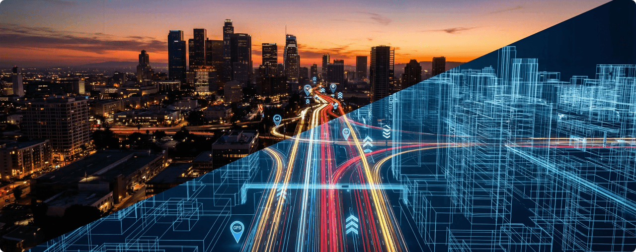 City skyline transitioning into a digital twin wireframe model