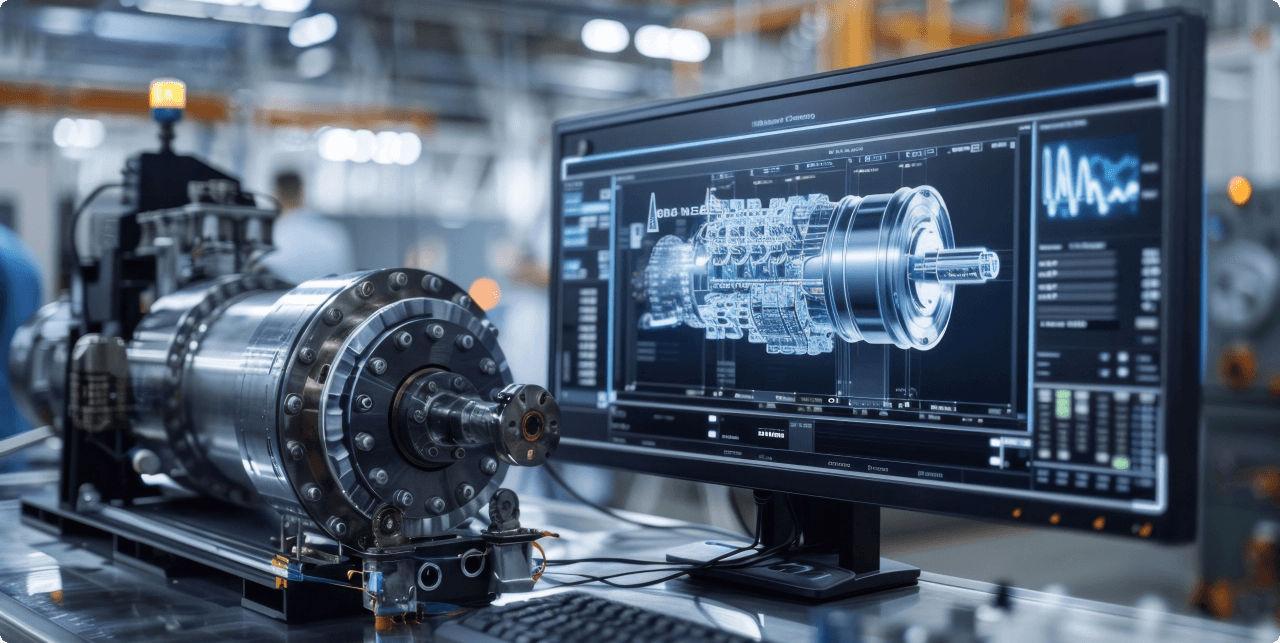 Engineering workstation showing a 3D digital twin model of mechanical equipment alongside the physical unit