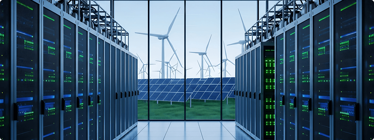 Data center corridor with renewable energy infrastructure visible through the window
